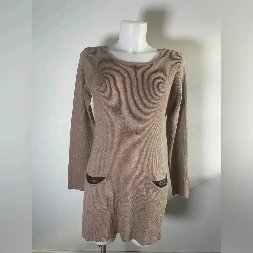 AGB Knit‎ Dress - Ribbed Bodycon, Tan with Black Matte Sequins, Size XL 0183